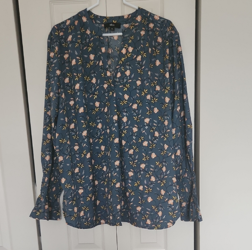 A New Day Blue Long Sleeve Blouse with Mandarin Collar